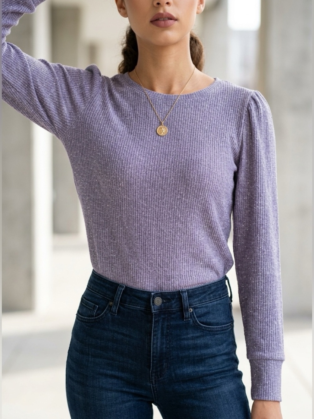 Chico's Lavender Ribbed Long-Sleeve Sweatshirt